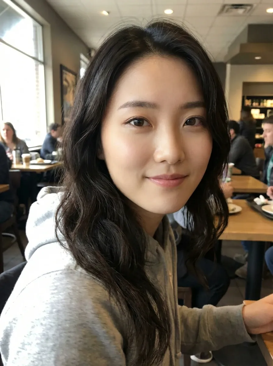 Original selfie input — woman in a light gray top at a cafe